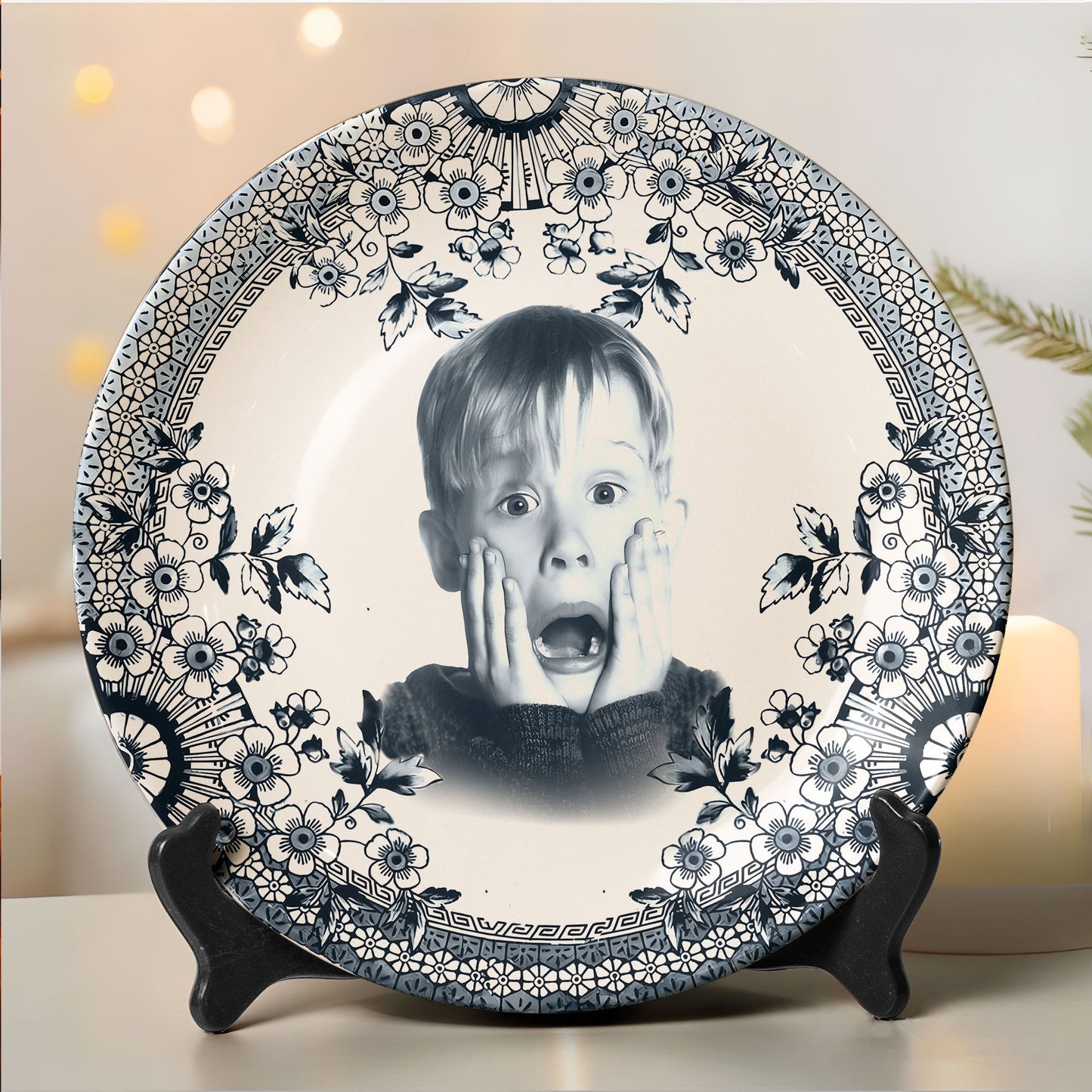 Home Alone Decorative Ceramic Plate – Classic Blue Floral Border