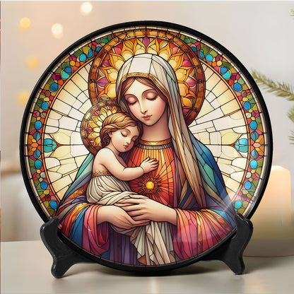 Virgin Mary and Child Stained Glass Art Ceramic Plate
