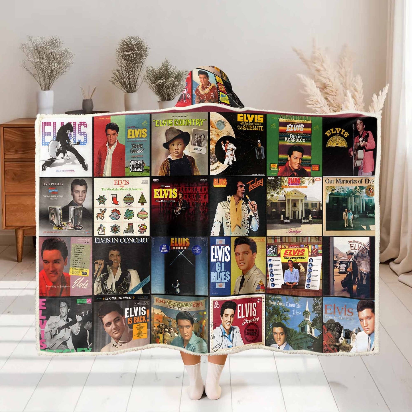 Elvis Presley Album Collage Wearable Hooded Blanket – Retro Rock ‘n’ Roll Cozy Throw for Fans