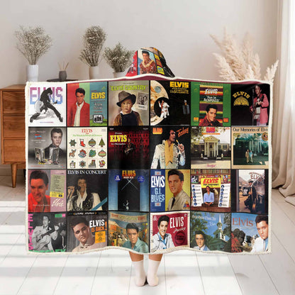 Elvis Presley Album Collage Wearable Hooded Blanket – Retro Rock ‘n’ Roll Cozy Throw for Fans