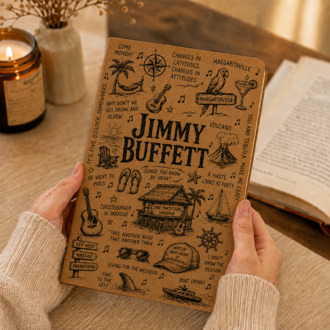 Jimmy Buffett Vegan Leather Journal, Parrothead Notebook, Jimmy Buffett Song Lyrics Journal, Hardcover Writing Diary, Gift for Beach Music Fans