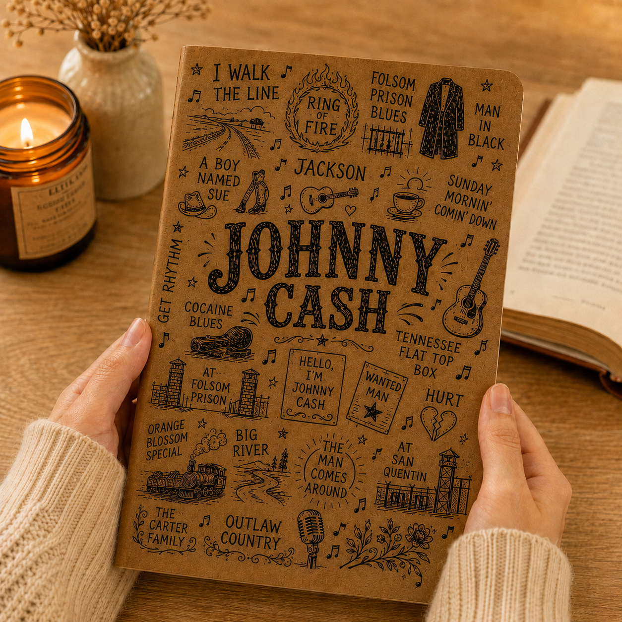 Johnny Cash Vegan Leather Journal, Man in Black Notebook, Johnny Cash Song Lyrics Journal, Hardcover Writing Diary, Gift for Country Music Fans
