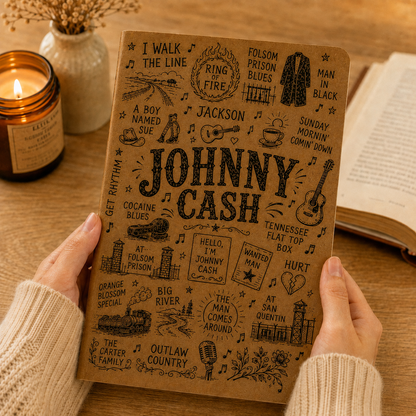 Johnny Cash Vegan Leather Journal, Man in Black Notebook, Johnny Cash Song Lyrics Journal, Hardcover Writing Diary, Gift for Country Music Fans