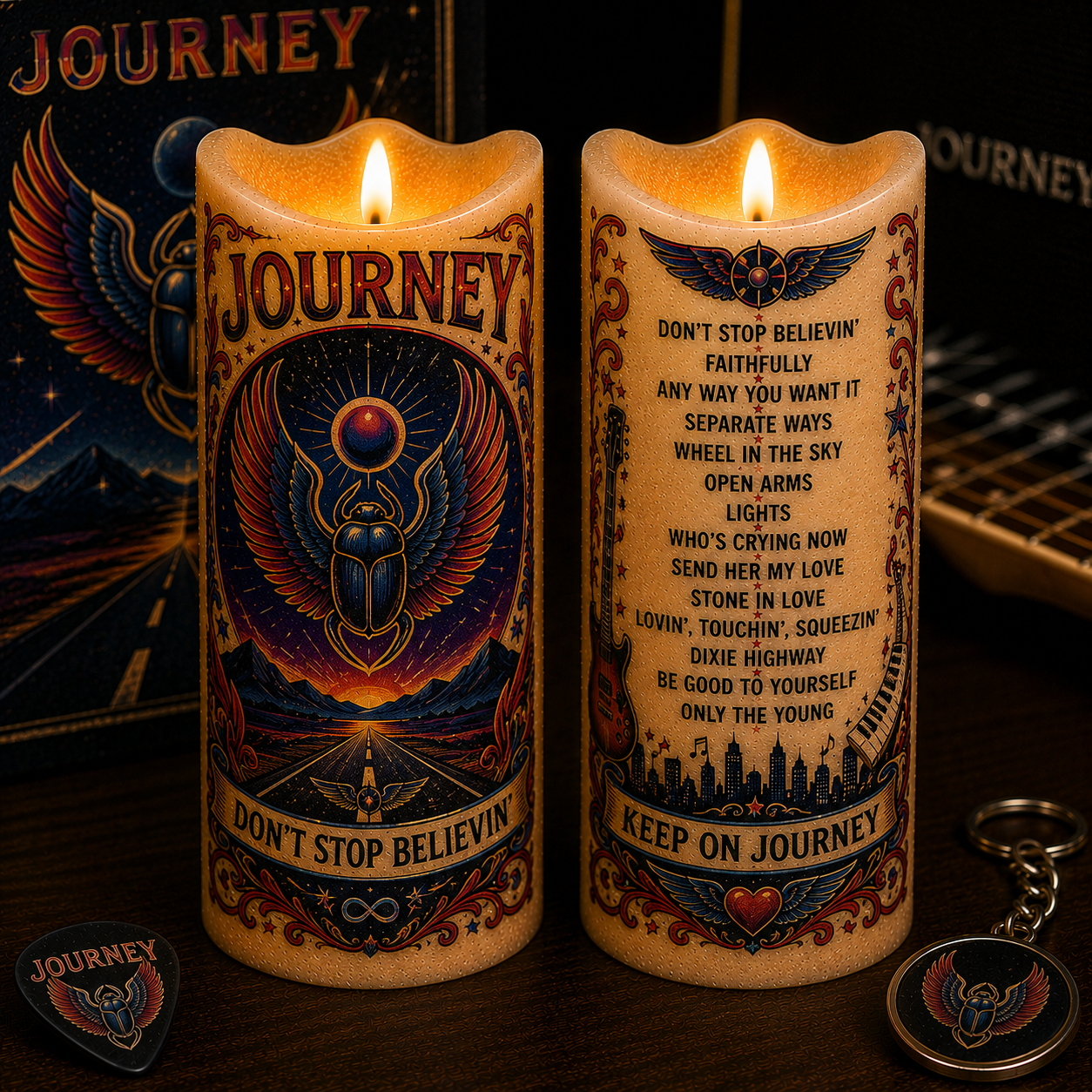 Journey LED Flameless Candle – Punk Rock Music Decorative Candle with Warm Flickering Light