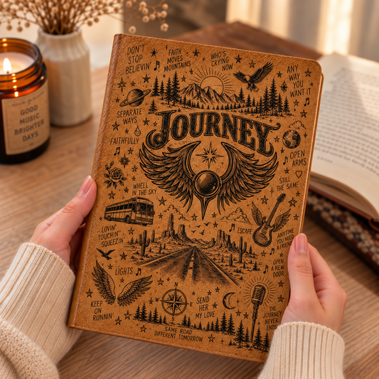 Journey Band Vintage Leather Journal – Classic Arena Rock Music Notebook & Diary