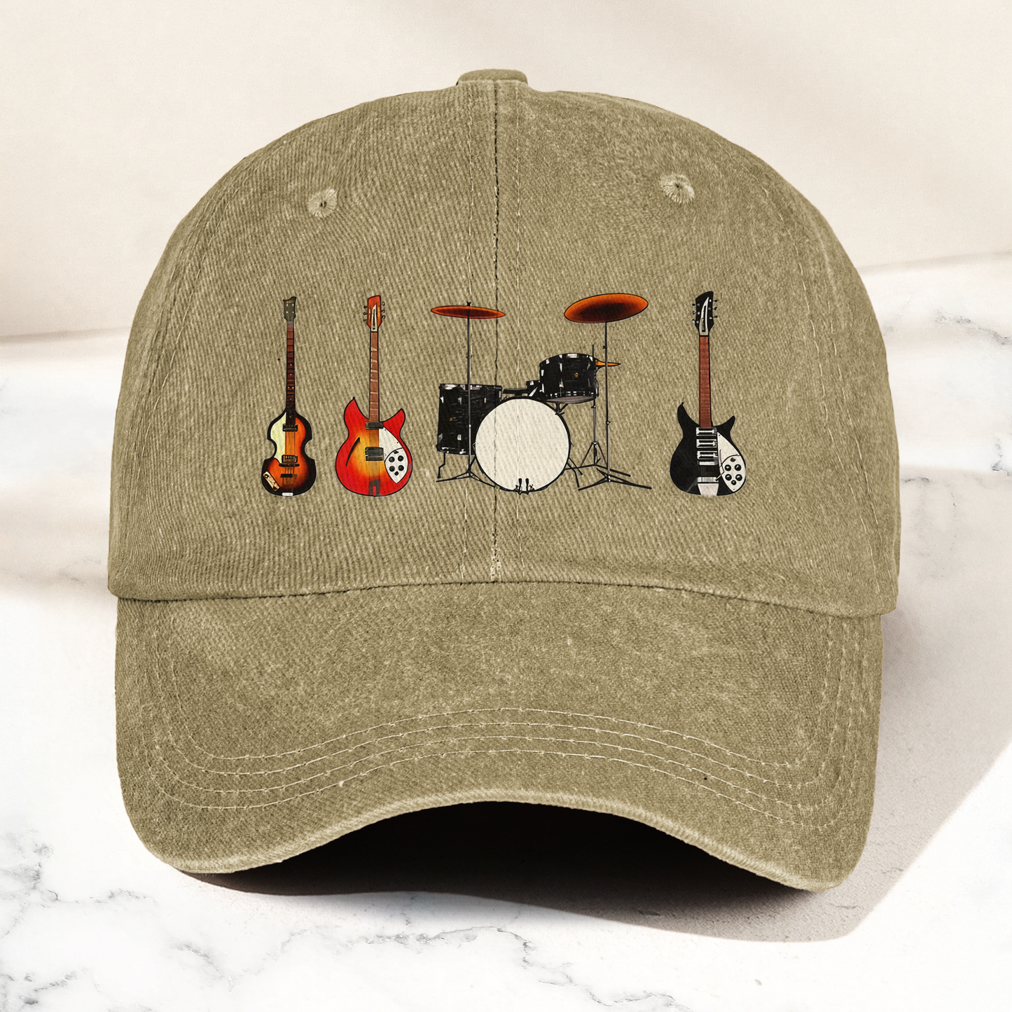 Vintage Rock Instruments Cap – Washed Black Denim Dad Hat, Guitar & Drum Minimalist Music Hat (With Box)