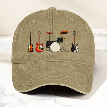 Vintage Rock Instruments Cap – Washed Black Denim Dad Hat, Guitar & Drum Minimalist Music Hat (With Box)