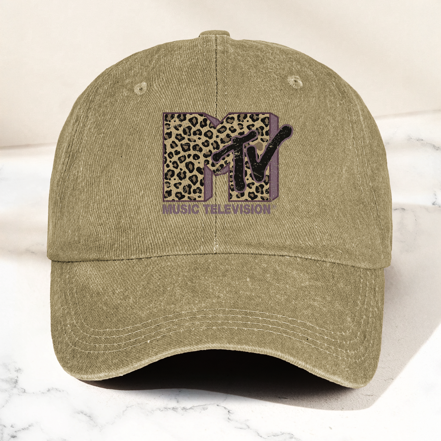 MTV Leopard Logo Cap – Vintage Washed Hat, Retro Music Television Minimalist Streetwear Hat (With Box)
