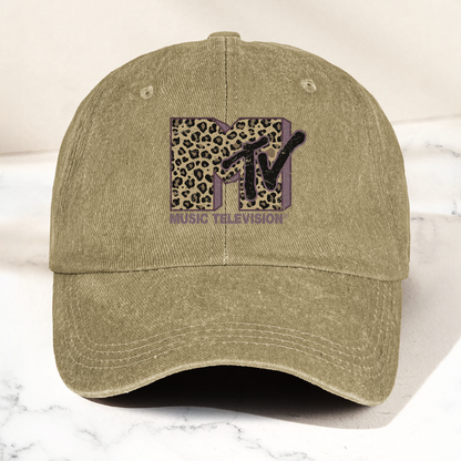 MTV Leopard Logo Cap – Vintage Washed Hat, Retro Music Television Minimalist Streetwear Hat (With Box)