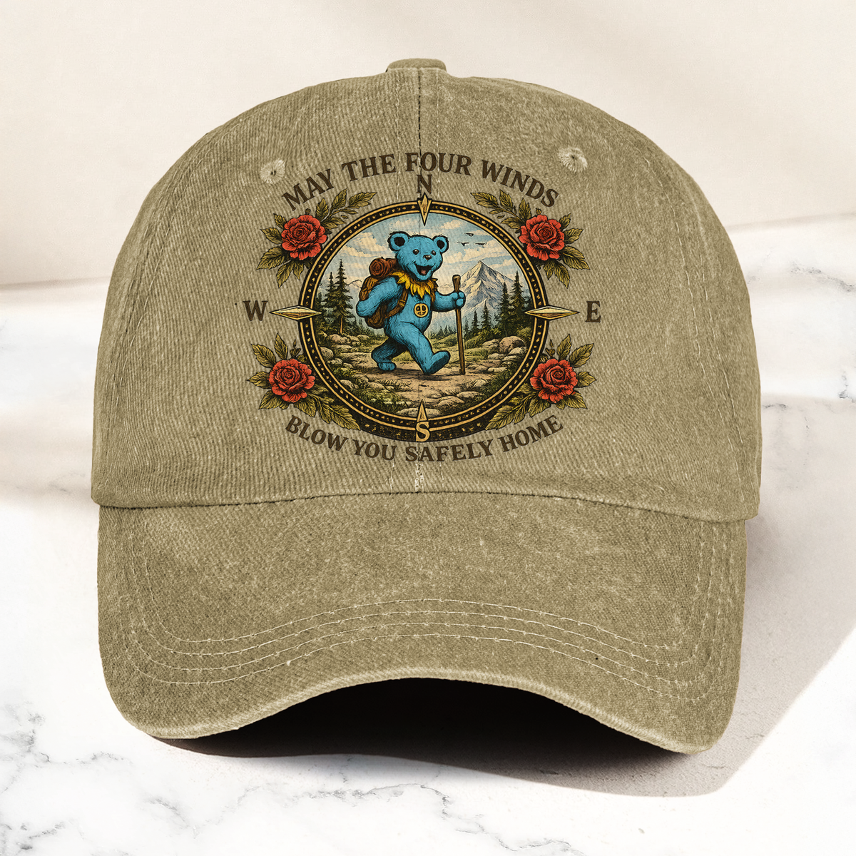 Grateful Dead Franklin's Tower May The Four Winds Blow You Safely Home Blue Dancing Bear Hiking Denim Cap – Retro Vintage Dad Cap Gift For Dad (With Box)