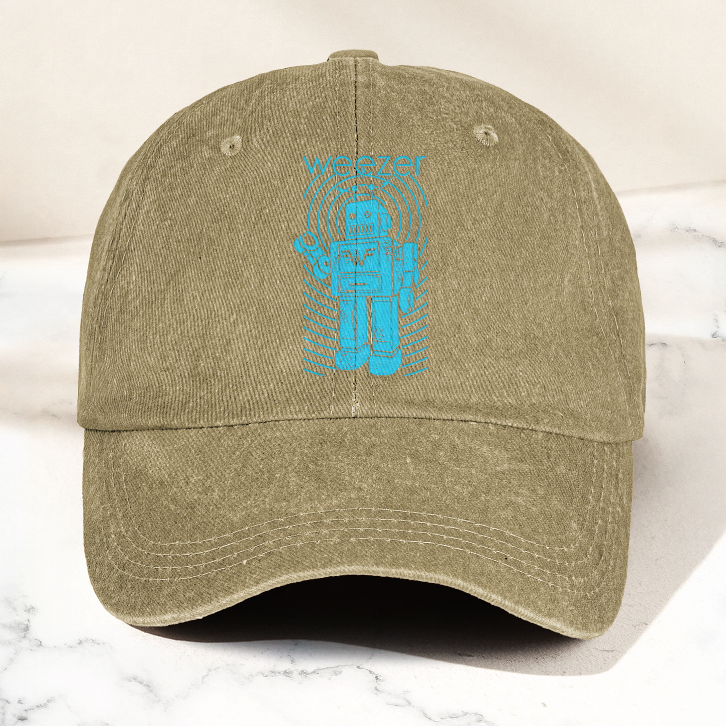 Weezer Robot Logo Cap – Vintage Washed Black Denim Dad Hat, Retro Sci-Fi Band Graphic Hat (With Box)