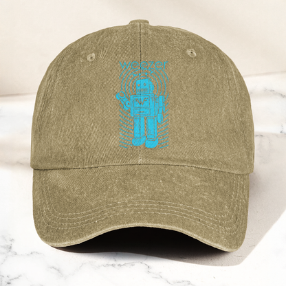 Weezer Robot Logo Cap – Vintage Washed Black Denim Dad Hat, Retro Sci-Fi Band Graphic Hat (With Box)
