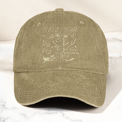 Mazzy Star Vintage Sketch Cap – Washed Black Denim Dad Hat, Dream Pop Band Aesthetic Hat Gift (With Box)
