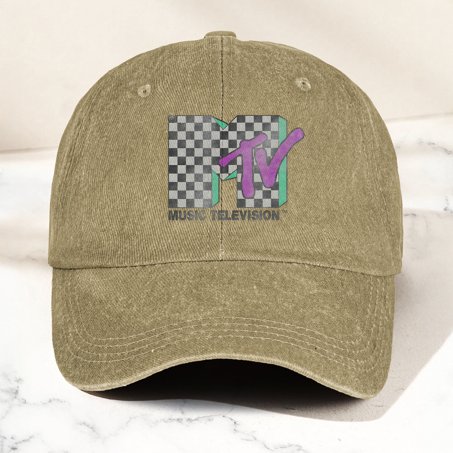 MTV Leopard Logo Black Denim Cap – Vintage Washed Music Television Dad Hat, Retro Streetwear Hat (With Box)
