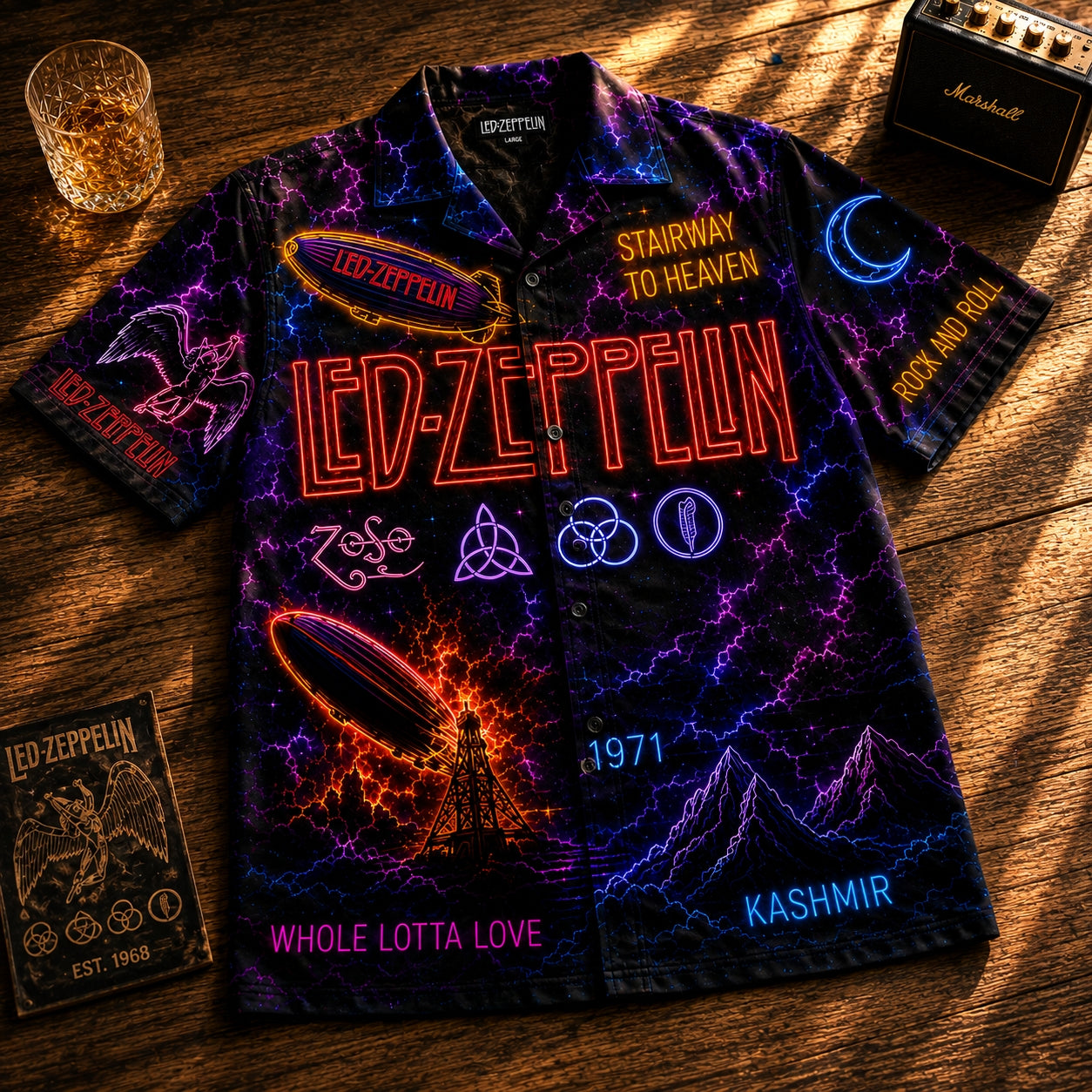 Led Zeppelin Neon Hawaiian Shirt - Unisex Cyberpunk Stairway To Heaven Black Button Up