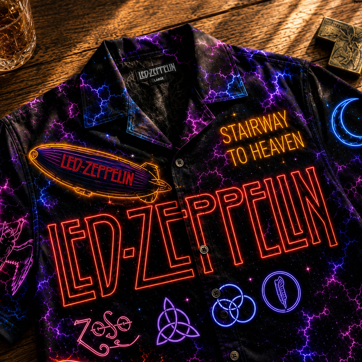 Led Zeppelin Neon Hawaiian Shirt - Unisex Cyberpunk Stairway To Heaven Black Button Up