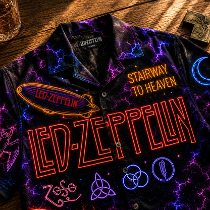 Led Zeppelin Neon Hawaiian Shirt - Unisex Cyberpunk Stairway To Heaven Black Button Up