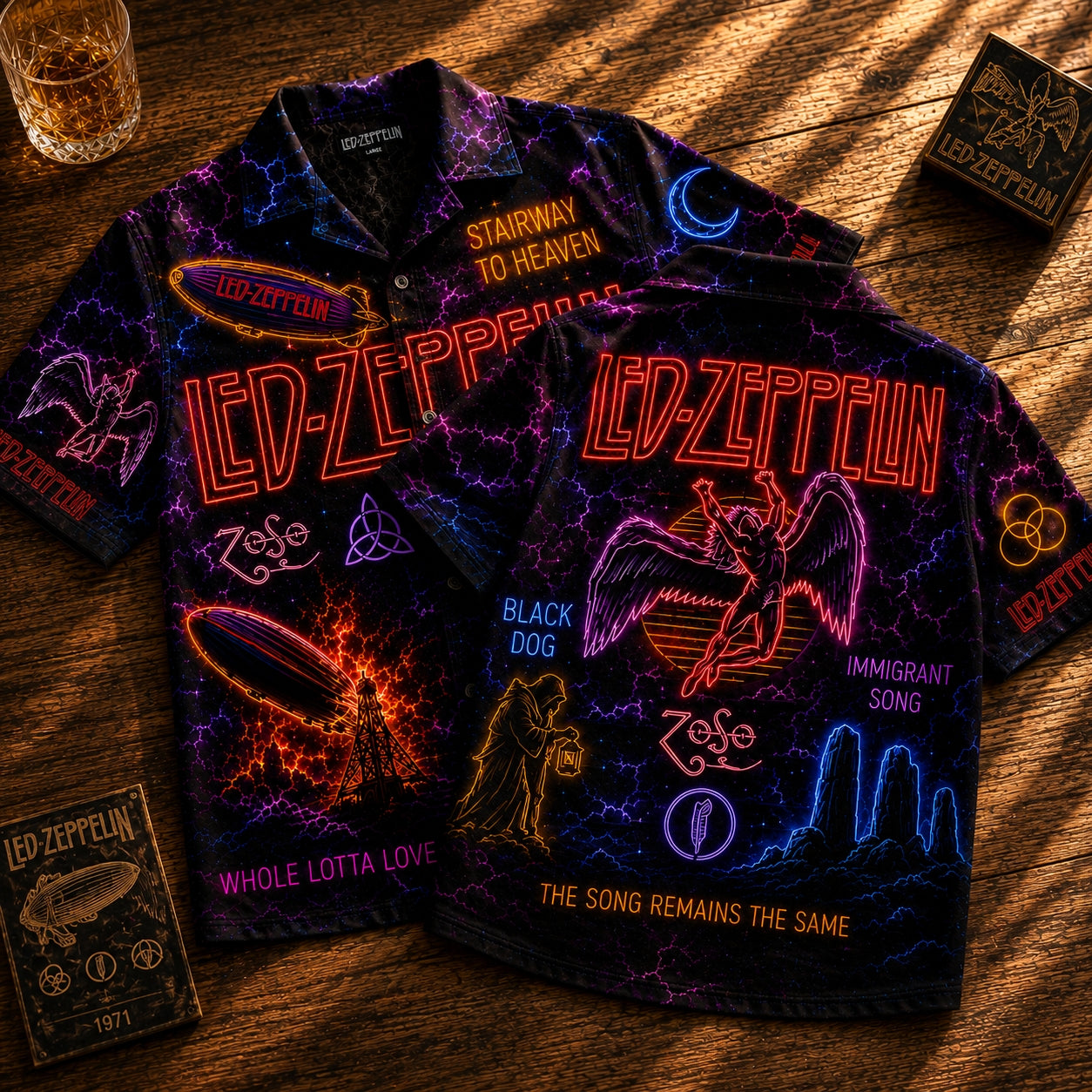 Led Zeppelin Neon Hawaiian Shirt - Unisex Cyberpunk Stairway To Heaven Black Button Up