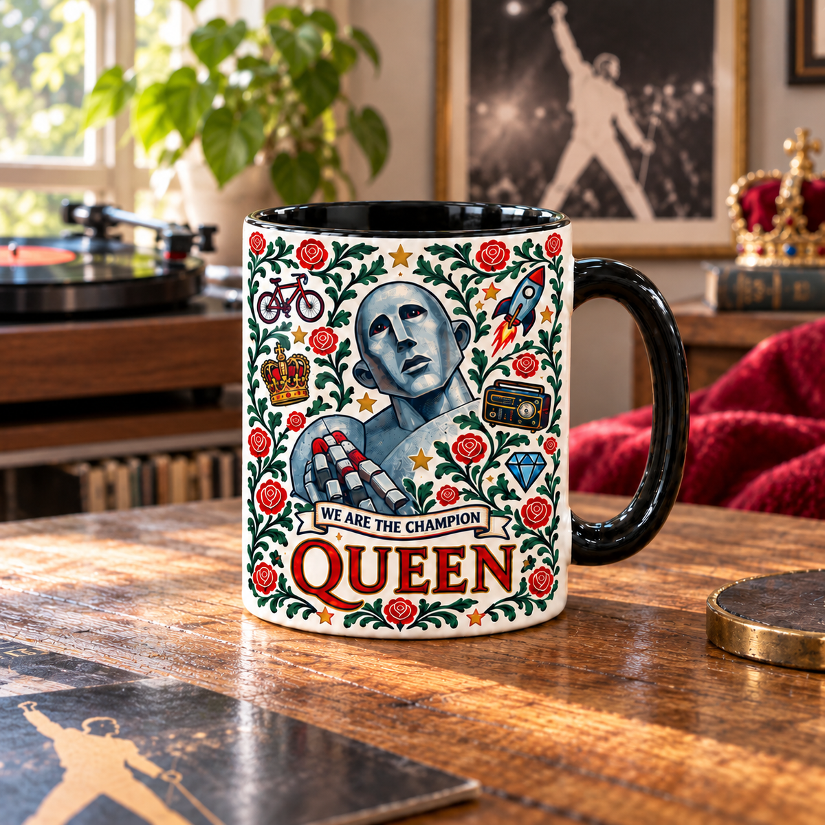 Queen Nordic Folk Mug, We Are the Champions Rock Coffee Cup, Bohemian Rhapsody Inspired Floral Music Gift