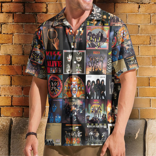 KISS Hawaiian Shirt – Album Cover Collage Glam Rock Summer Button Up
