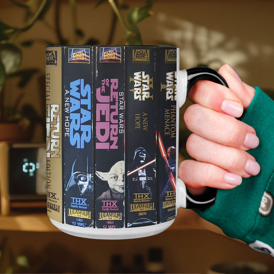 Star Wars VHS Collection Mug – Retro Trilogy & Prequel Movie Spine Coffee Cup