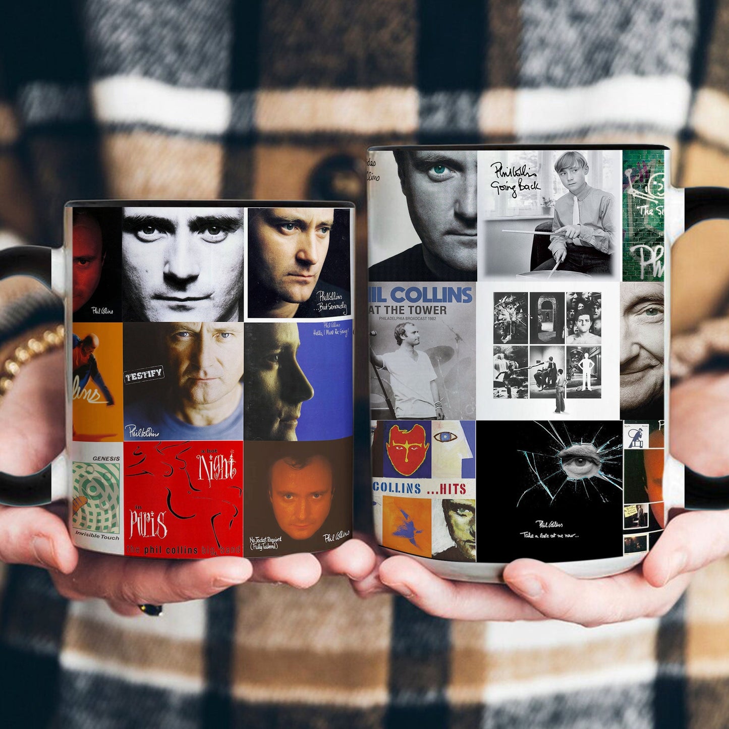 Phil Collins Accent Mug – Timeless Pop & Rock Album Collage Gift