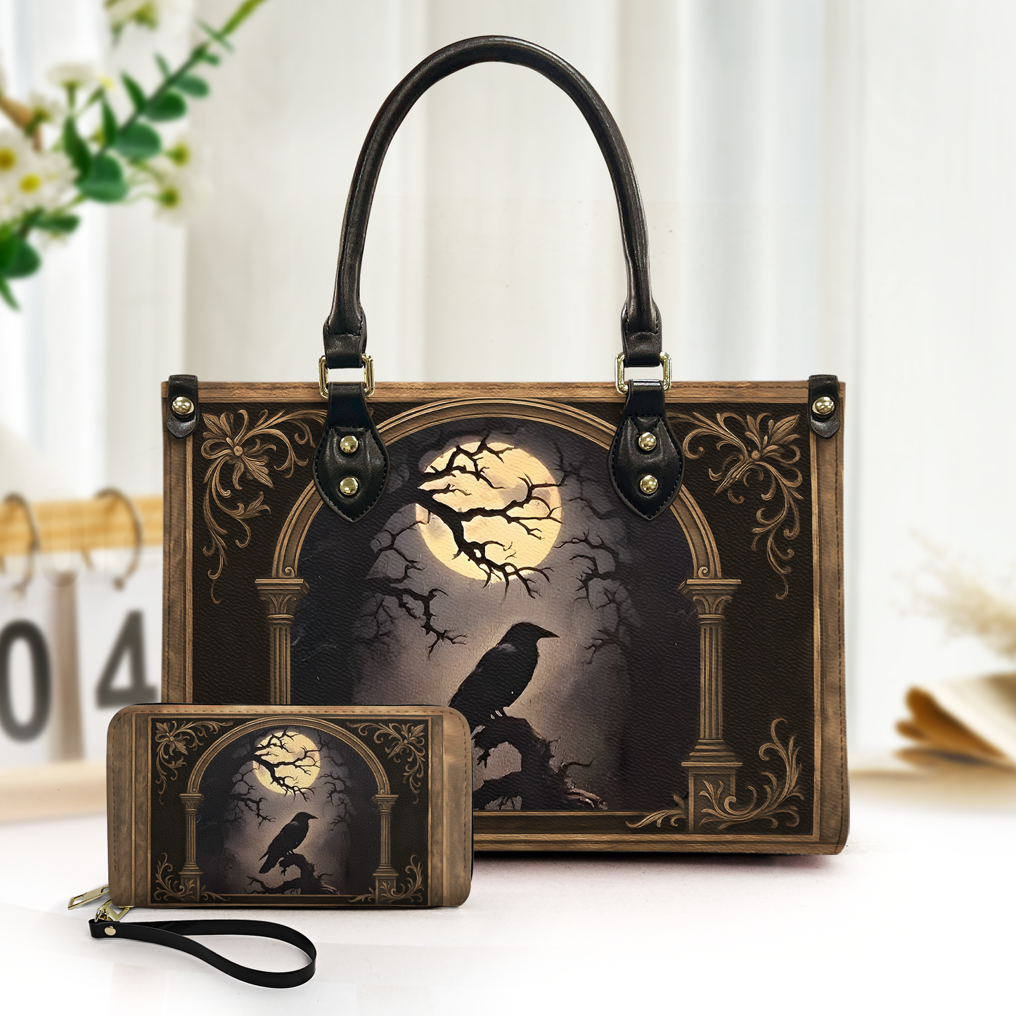 Raven Moon Gothic Art Leather Handbag – Dark Aesthetic Statement Bag