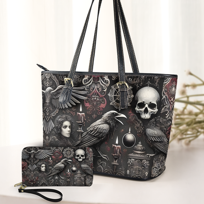 Gothic Raven & Skull Leather Handbag & Wallet Set – Dark Elegance