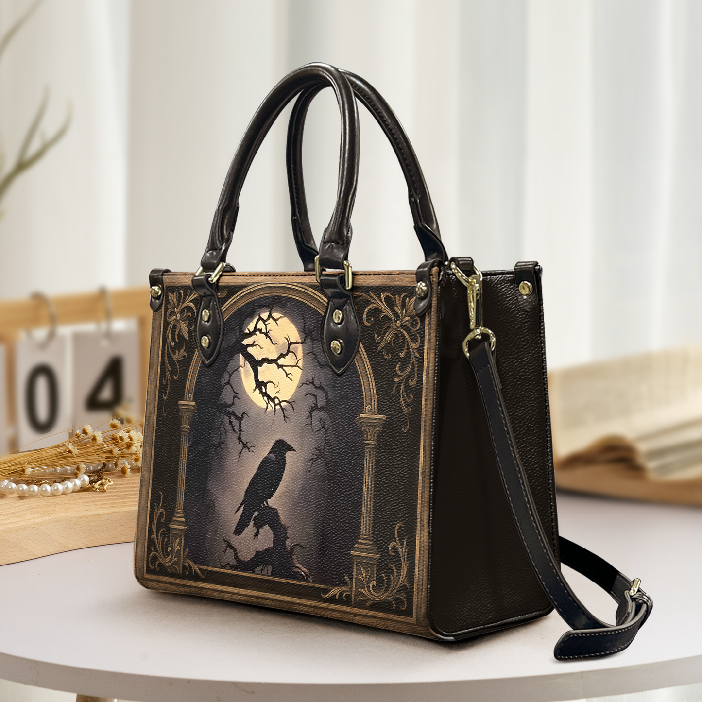 Raven Moon Gothic Art Leather Handbag – Dark Aesthetic Statement Bag