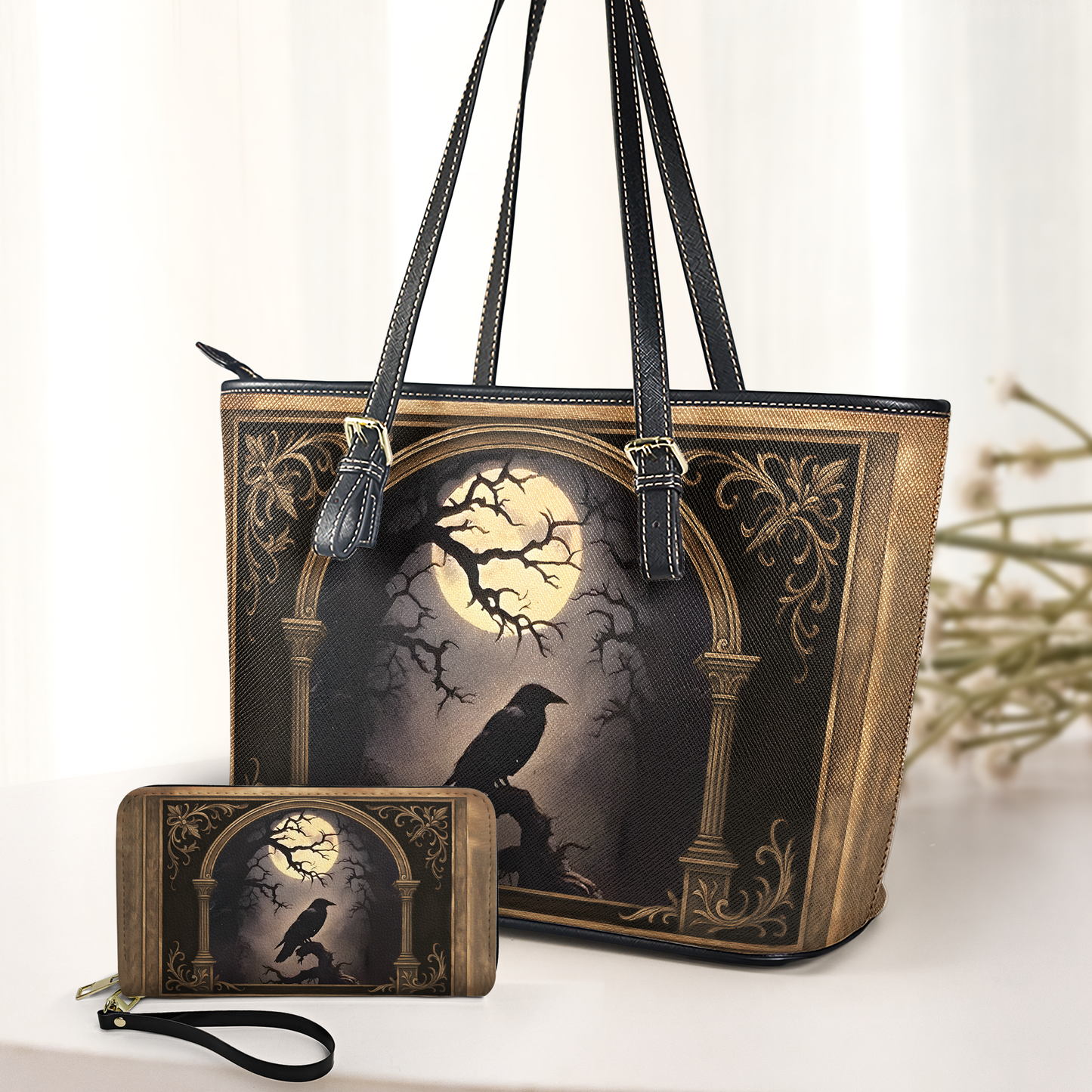 Raven Moon Gothic Art Leather Handbag – Dark Aesthetic Statement Bag