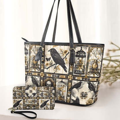 Gothic Raven & Vintage Cage Leather Handbag with Wallet – Dark Elegance Tote