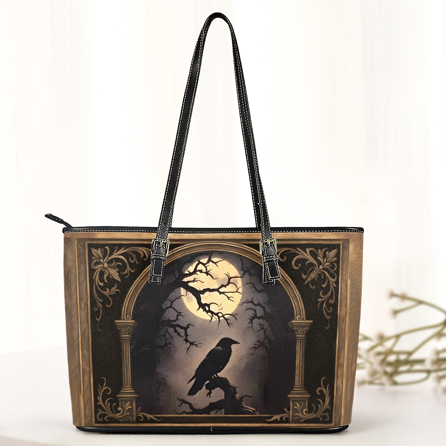 Raven Moon Gothic Art Leather Handbag – Dark Aesthetic Statement Bag