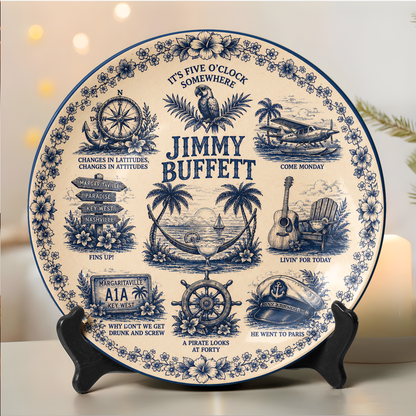 Jimmy Buffett Decorative Ceramic Plate – Margaritaville Collector Plate, Tropical Coastal Wall Art, Parrothead Fan Gift