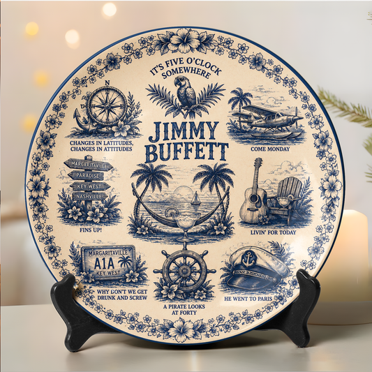 Jimmy Buffett Decorative Ceramic Plate – Margaritaville Collector Plate, Tropical Coastal Wall Art, Parrothead Fan Gift