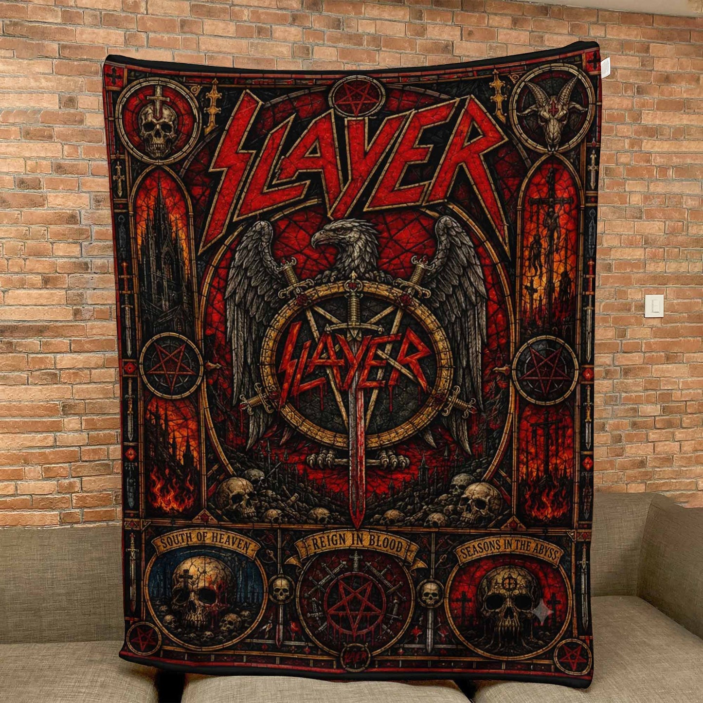 Slayer Band Sherpa Blanket – Reign In Blood Stained Glass Thrash Metal Throw Blanket