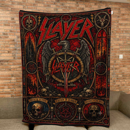 Slayer Band Sherpa Blanket – Reign In Blood Stained Glass Thrash Metal Throw Blanket