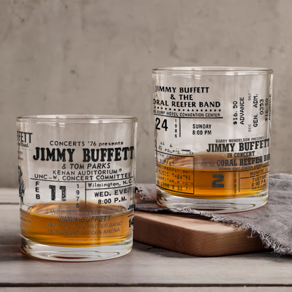 Jimmy Buffett Tickets Collection Printed Effect Whiskey Glass –  Vintage Design (With Gift Box)