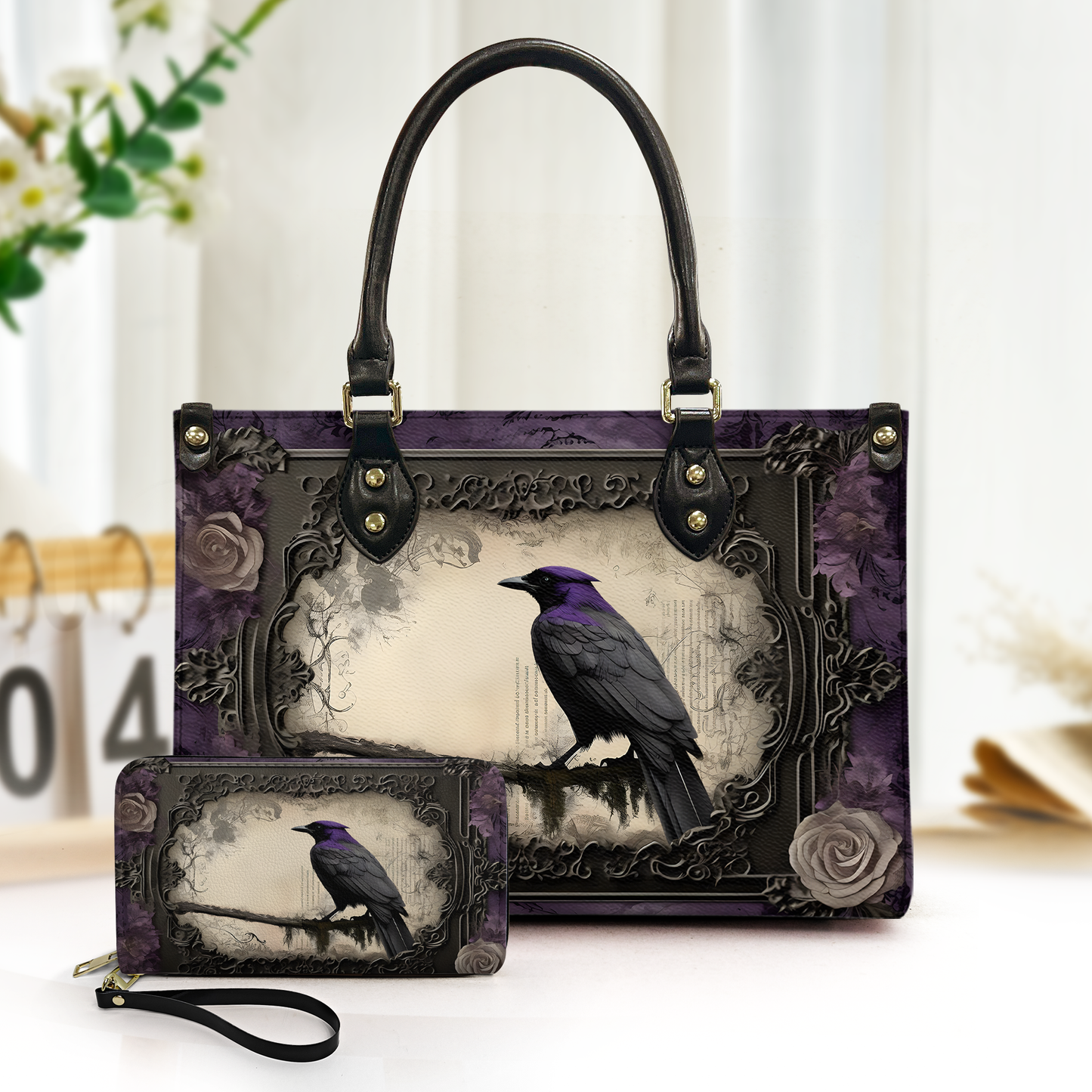 Gothic Raven Leather Handbag & Wallet Set – Inspired by Edgar Allan Poe