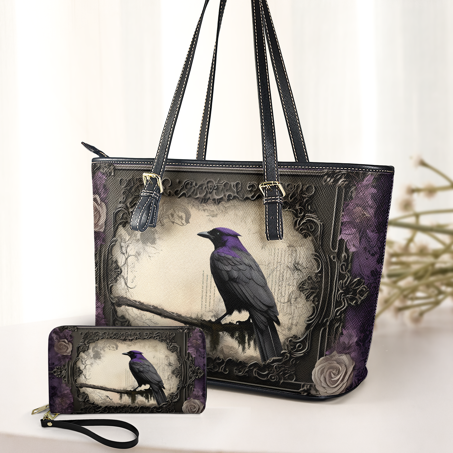 Gothic Raven Leather Handbag & Wallet Set – Inspired by Edgar Allan Poe