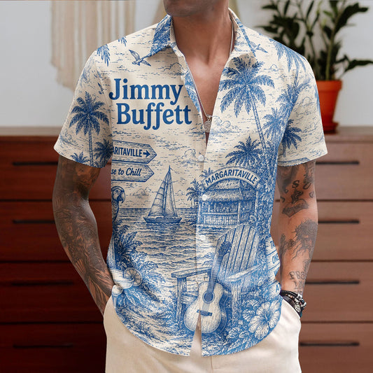 Jimmy Buffett Margaritaville Hawaiian Shirt - Unisex Vintage Toile De Jouy License To Chill Summer Button Up