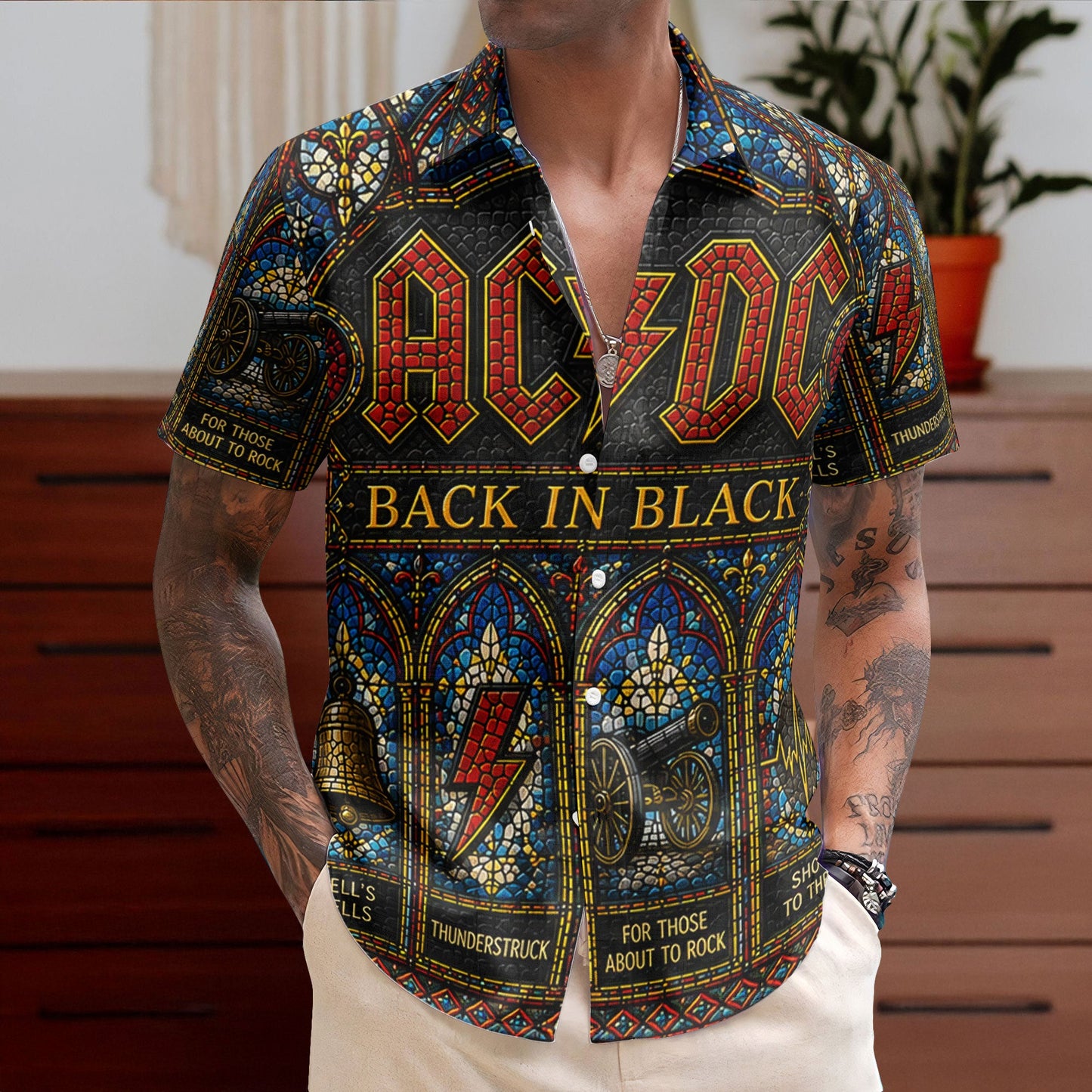 AC/DC Gothic Stained Glass Hawaiian Shirt - Unisex Hard Rock Back In Black Button Up