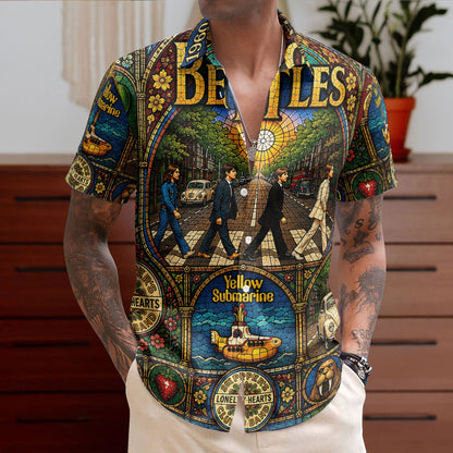 The Beatles Gothic Stained Glass Hawaiian Shirt - Unisex Retro Abbey Road Yellow Submarine Cathedral Window Button Up