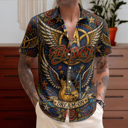 Aerosmith Hawaiian Shirt - Unisex Dream On Cathedral Window Winged Logo Button Up