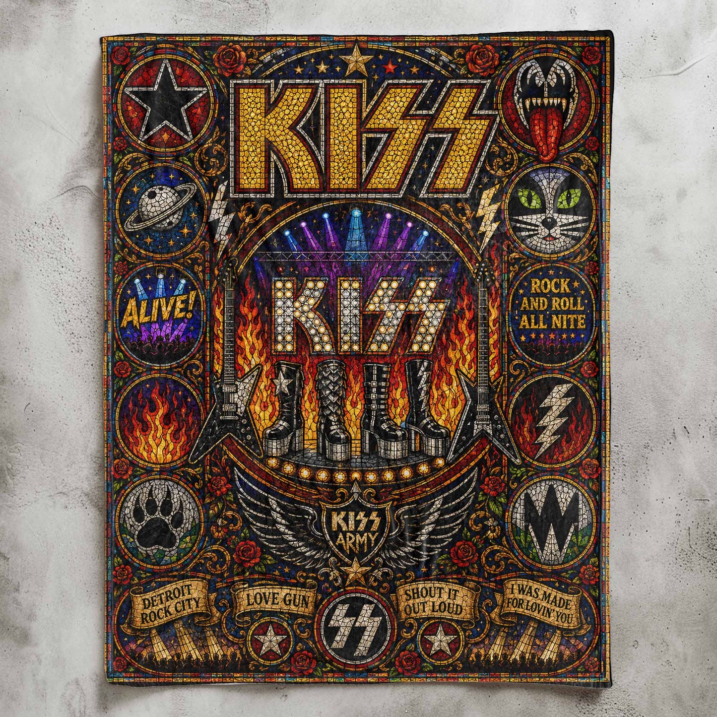 KISS Band Sherpa Blanket – Detroit Rock City Stained Glass Blanket