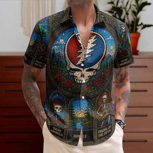 Grateful Dead Gothic Stained Glass Hawaiian Shirt - Unisex Retro Steal Your Face Stealie Skull Button Up
