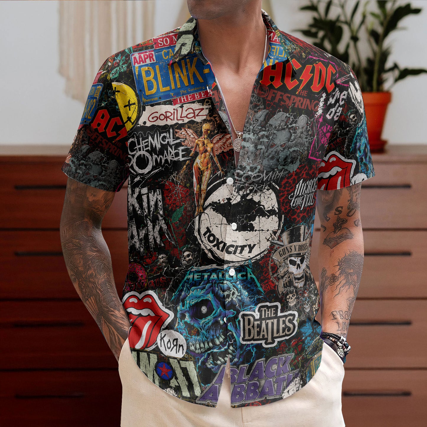 Rock Band Collage Graffiti Street Art Hawaiian Shirt - Unisex Heavy Metal Grunge Summer Button Up