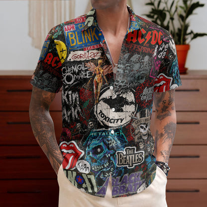 Rock Band Collage Graffiti Street Art Hawaiian Shirt - Unisex Heavy Metal Grunge Summer Button Up