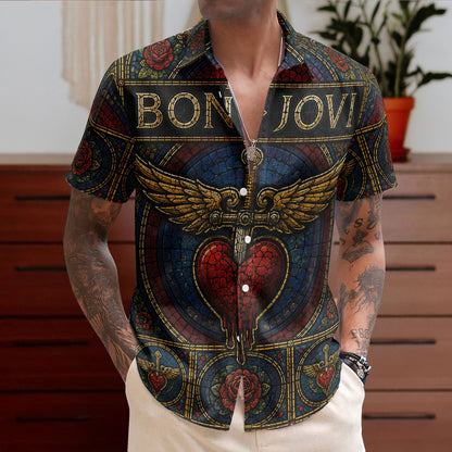 Bon Jovi Stained Glass Hawaiian Shirt - Unisex Classic Rock Heart Dagger Button Up
