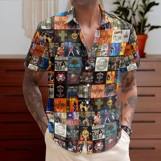Guns N Roses Album Cover Collage Hawaiian Shirt - Unisex 80s Heavy Rock Concert Summer Button Up