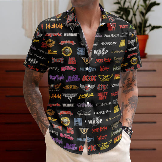 Hard Rock Band Logos Hawaiian Shirt - Unisex Retro Rock Concert Black Summer Beach Button Up